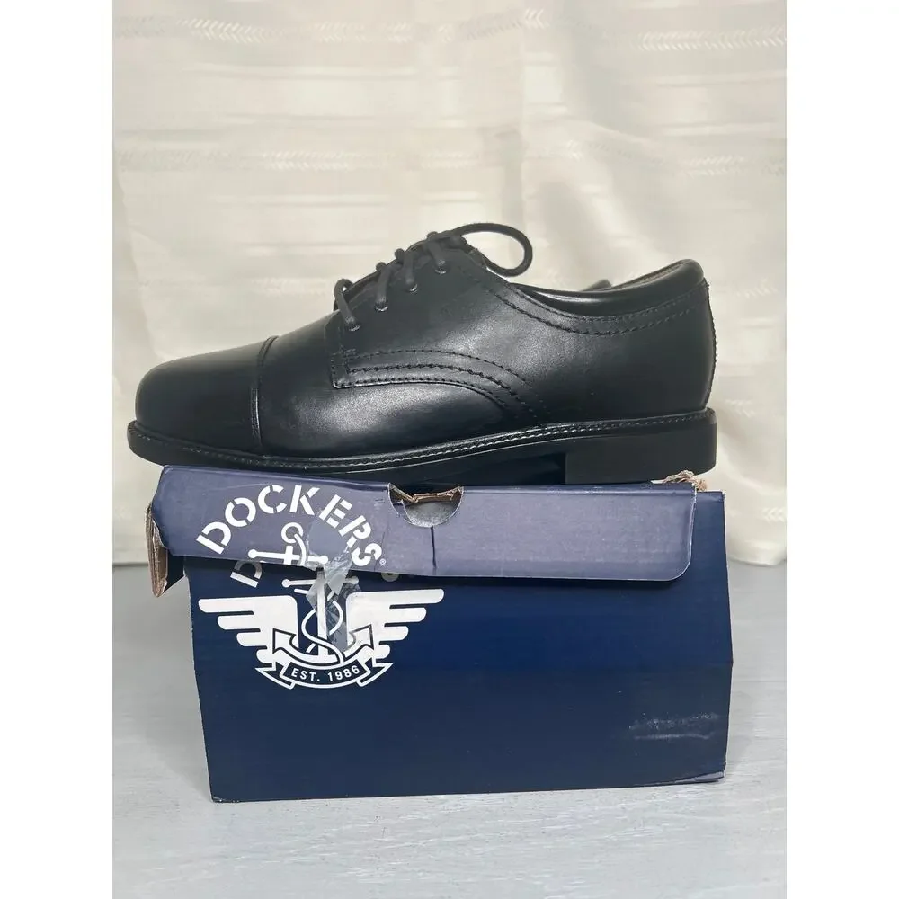 Dockers Gordon Cap Toe Oxford Mens 9.5 W Black Polished Leather Dress Shoe